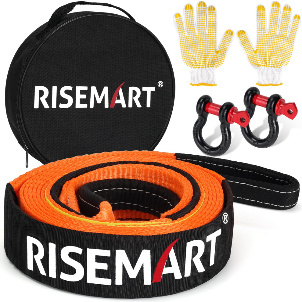 Risemart Tow Rope 5M X 5Cm, 10 Ton (22,000 Lbs) Tow Strap With 2 D Shackles, Storage Bag & Gloves, Heavy Duty Towing Rope For Saloon, Suv, Off-Road V 4913231856215