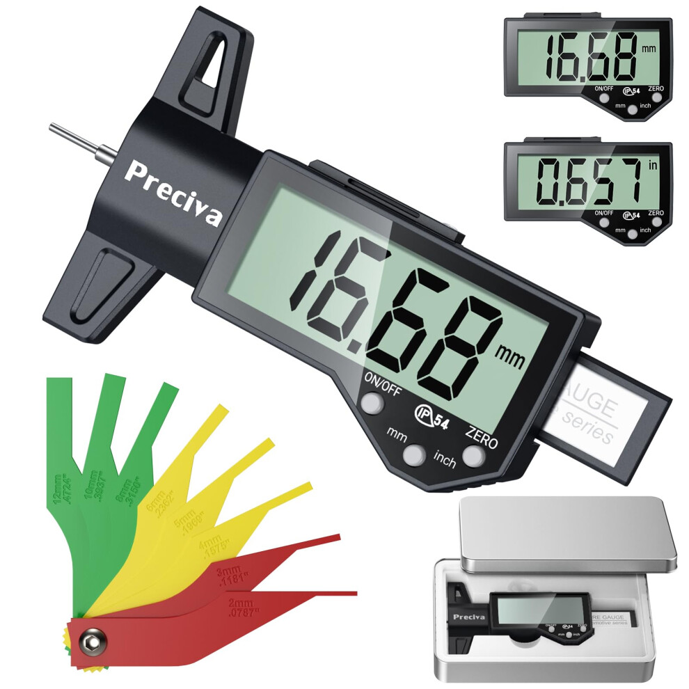 Preciva Digital Tyre Tread Depth Gauge Uk & Brake Pad Measuring Tool Kit With Large Lcd Screen, 0.01Mm Accuracy, 0-25.4Mm / 1In Range, Car Tool Inclu 8203285231189