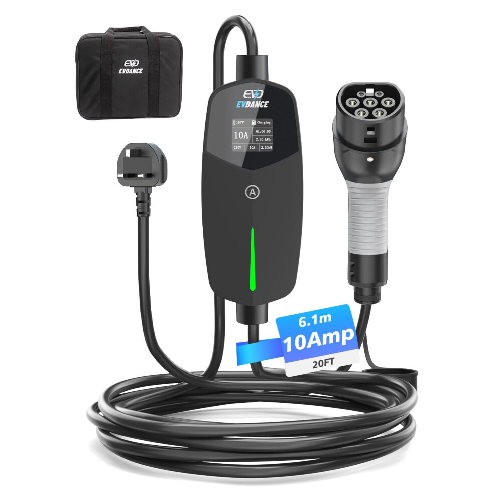 Evdance Ev Charger Type 2 Uk 3 Pin 20Ft/6.1M [6/8/10A] Portable Electric Car Charger For Ev & Phev, Adjustable Current, Ip66 Type 2 Charging Cable Fo 4943912481535
