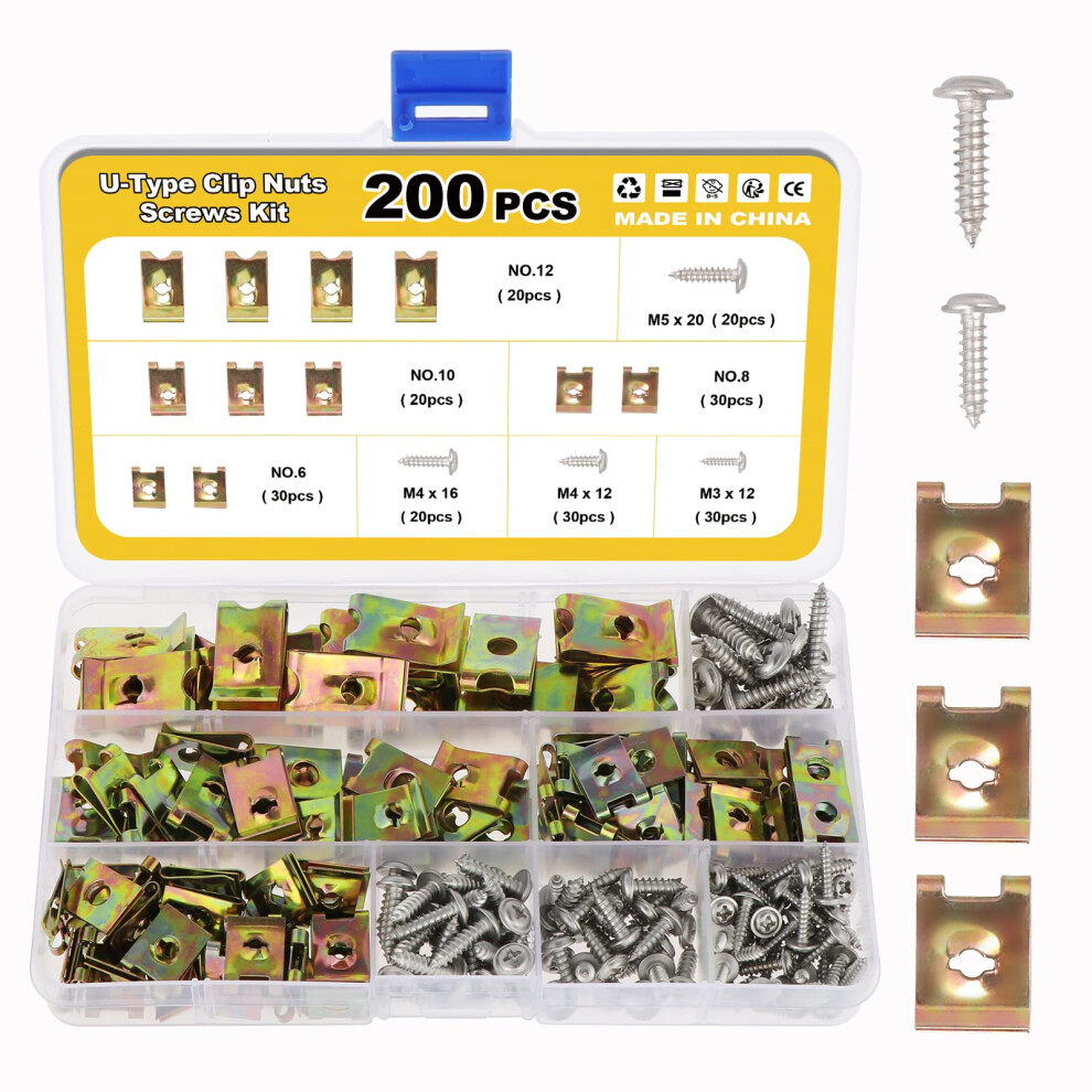 Gueenky 200Pcs U Clips And Screws, 4 Sizes Speed Nuts U Clips Metal Spire Clip U Nuts Car Self Tapping Clip Speed Fasteners For Cars Motorcycles 4104656350444