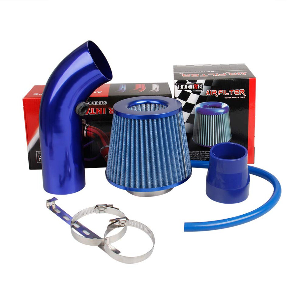 Pindex Cold Air Intake Filter 3In Air Induction Kit Cold Air Filter Kit With Alumimum Pipe For Car Automobile Racing Engine - Blue 5064892261968