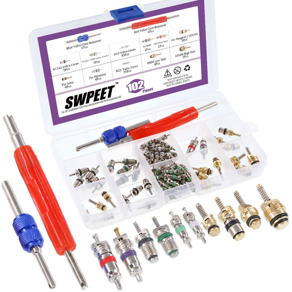 Swpeet 102Pcs Air Conditioning Valve Core Accessories Kit, Including Assortment R12 R134a Valve Core Refrigeration Tire Valve Stem Cores With Remover 5311237303082