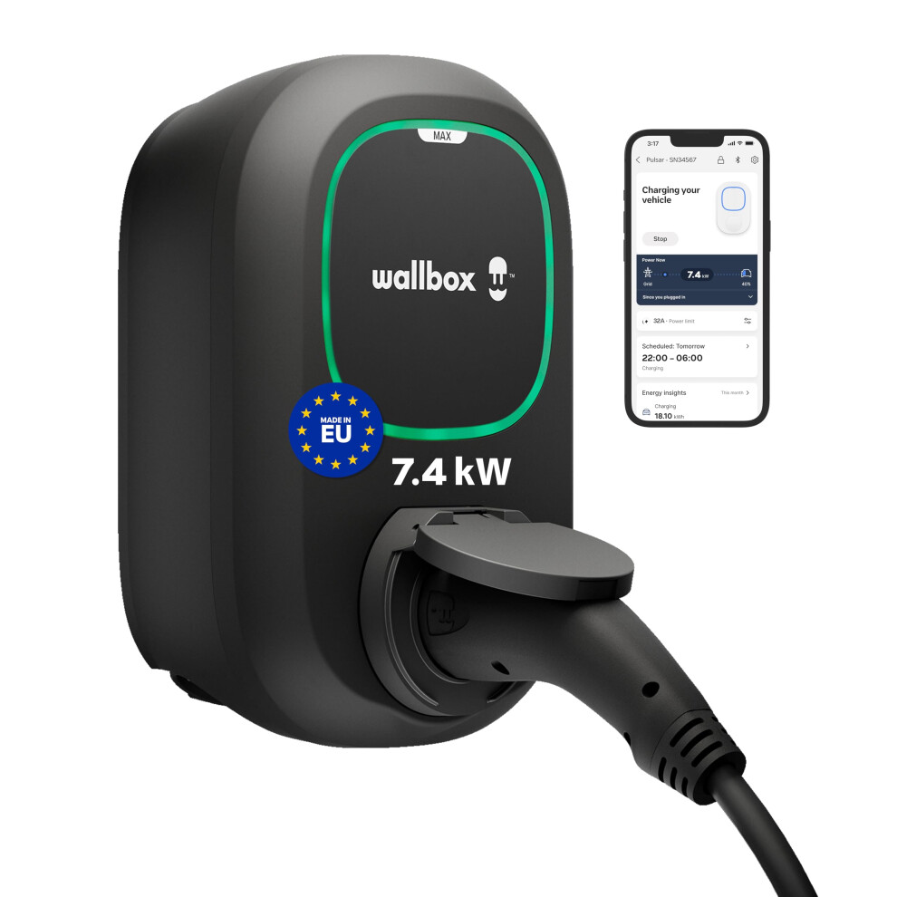Wallbox Pulsar Max Electric Vehicle Charger 7.4Kw, Type 2 Ev Home Charger, Wi-Fi And Bluetooth And Smart App Control, Ocpp, Evse Charger Socket (With 5904988952410