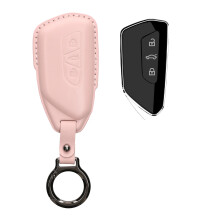 kwmobile Leather Key Cover Compatible with VW Golf 8 3 Button Car Key Key Cover - Genuine Leather - Dusty Pink