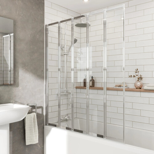 5 Panel 1200 x 1400mm Chrome Over Bath Glass Shower Screen Folding