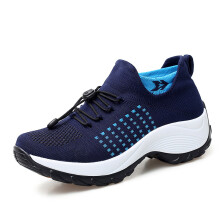 (1855 dark blue, 38) Men Women New Fly Knit Slip On Thick Sole Breathable Sneakers