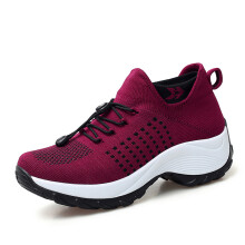 (1855 date red, 44) Men Women New Fly Knit Slip On Thick Sole Breathable Sneakers
