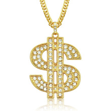 Gold Dollar Sign Necklace Pendant With Rhinestones - Rapper Chain for Hip Hop Punk Cosplay - Us Dollar Accessory for Men Women Party