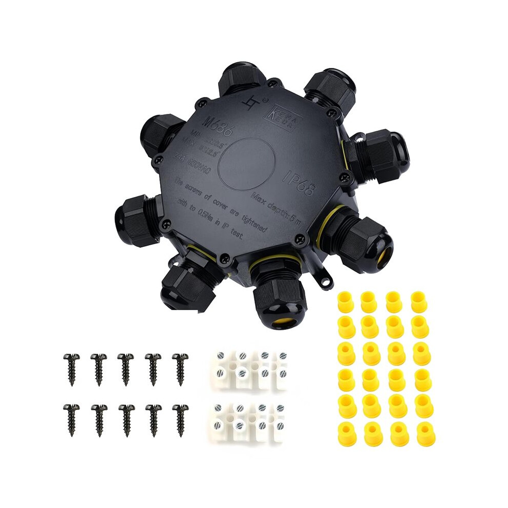 Ip68 Waterproof Junction Box Outdoor, 8Way M25 Gland Wire Connector Extension Electrical Cable Project Protector 4712982007750
