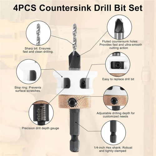 4PCS Countersink Drill Bit Set with Low Friction Depth Stop & Replaceable HSS M2 Drill Bit, Counter Sink Drill Bit 2
