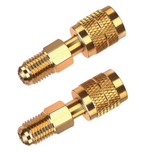 2-Pack R32 R454B Refrigerant Brass Adapter, 1/4" Female to Male Reverse Thread, Low Loss HVAC Quick Connect Fittings