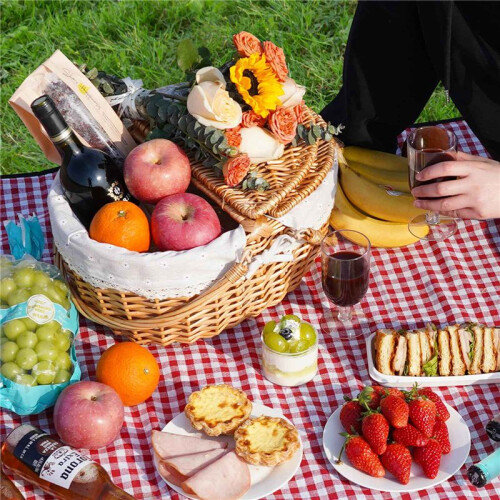 Flätad Picknickkorg med Lock, Flätad  med Handtag och Foder, Handgjord Varukorg, Flätad Flätad Picknickkorg 2