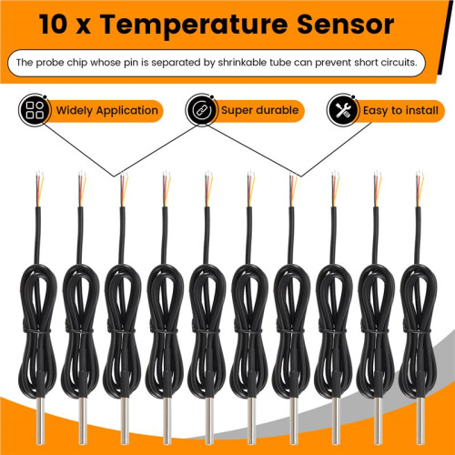 10Pcs Waterproof DS18B20 Temperature Sensor, Digital Temperature Thermal Cable Temperature (-55- +125) - 1 Meter/3.2Ft 1