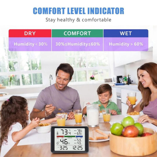 Digital Thermometer-Hygrometer, Indoor Wall Thermometer with Backlight, Digital Alarm Clock, Date Display