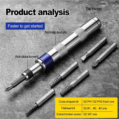 6 in 1 Impact Screwdriver Set Impact Drive Rusted Stuck Broken Fasteners Remover Screwdriver Set Interchangeable Bits 1