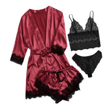 4-teiliges Satin-Pyjama-Set mit Bademantel in XL, rote Blumen-Spitze