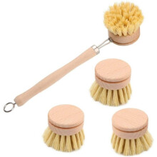 Brosse Ă vaisselle de cuisine Ă long manche, ensemble de brosses de nettoyage en bois avec 3 tĂŞtes de rechange, 1 ensemble