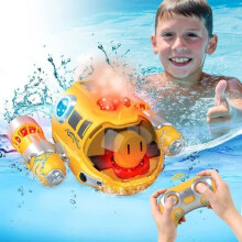 Bateau télécommandé jaune étanche avec double hélice, effets de jet d'eau et lumières LED, jouet RC rapide