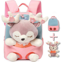 Sac à dos scolaire mignon en peluche avec motif cerf, motif animal détachable, rose, idéal pour la crÚche et le jardin d'enfants
