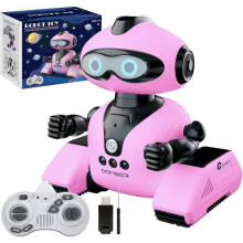 Robot jouet rose pour enfants, avec yeux LED, musique, rechargeable par USB et design interactif et résistant.