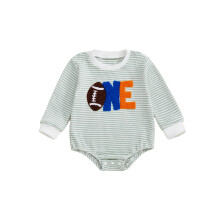 (12-18 Months, Green) Babyjongen verjaardagssweatshirt romper gestreept voetbal/nummer geborduurd lange mouwen wafelgebreide jumpsuit