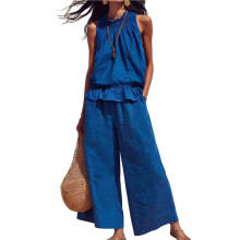 Women Summer 2 Piece Outfits Sleeveless Ruffle Top Wide Leg Pants Set with Pockets XL