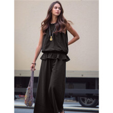 Damen Sommer 2-Teilige Outfits Ärmelloses Rüschenshirt Weite Hosen Set mit Taschen Schwarz S