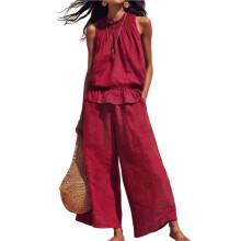 Women Summer 2 Piece Outfits Sleeveless Ruffle Top Wide Leg Pants Set with Pockets Wine Red XL