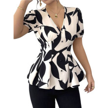 Women Summer V Neck Puff Sleeve Printed Peplum Blouse Elegant Workwear Shirt Apricot Color S