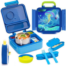 Isolierte Bento-Lunchbox für Kinder mit Thermoskanne, Besteck und Snackbox, Blau