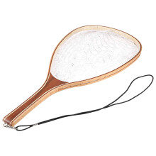 Landing Fish Net Fishing Hand with Clear Rubber Mesh Netting Wooden Handle Fly Fishing Equipment for Catch