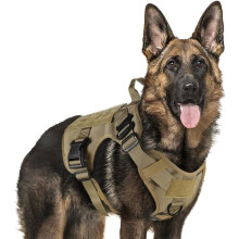 Arnés táctico ajustable para perros grandes, color marrón, resistente para senderismo y caza.