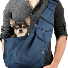 Bolso bandolera ajustable azul para mascotas, ideal para perros pequeños, con capacidad de 10 kg, perfecto para paseos y viajes.