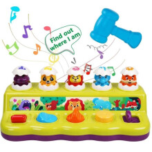 Juguete Montessori para bebés con música y luces: hipopótamo, mapache, león, elefante y zorro que aparecen para aprender y jugar.