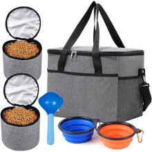Bolsa de viaje gris para perros con 2 contenedores de almacenamiento, 2 comederos, ideal para viajes y senderismo, organizador portátil para