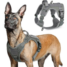 Arnés táctico antitirones para perros, chaleco reflectante ajustable con asa y anillas para entrenamiento y caza, gris, talla grande