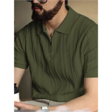 Camicia da Uomo A Maniche Corte In Maglia con Cerniera A un Quarto, A Coste, Casual, da Verde Scuro L