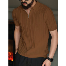 Camicia da Uomo A Maniche Corte In Maglia con Cerniera A un Quarto, A Coste, Casual, da Colore Caramello L