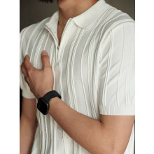 Camicia da Uomo A Maniche Corte In Maglia con Cerniera A un Quarto, A Coste, Casual, da Bianco M