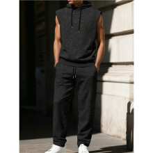 Heren Korte Mouwen Zomer Trainingspak met Capuchon Tanks Tops Sweatsuit 2-Delige Casual Sportbroek Set Zwart L