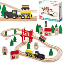 Set di binari per trenino in legno, 39 pezzi, con binari, ponte e veicoli, per bambini dai 3 ai 6 anni, compatibile con altri binari.