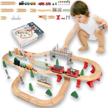Set di costruzioni in legno con circuito, 72 pezzi, locomotive magnetiche, ponte e accessori scenografici, per bambini dai 3 anni in su.
