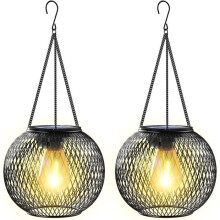 Set di 2 lanterne solari vintage, in metallo, impermeabili IP65, luci da giardino per esterni, finitura nera.