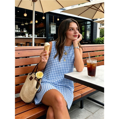 Womens Gingham Dress Spring Summer Beach Boho Sleeveless  Sundress Light  M 2