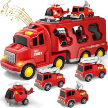 Caminhão de Bombeiros de Fricção 5 em 1 para Crianças de 3 a 6 Anos, Vermelho, Conjunto de Veículos de Plástico Resistente
