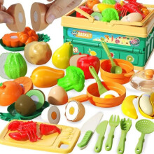 Conjunto de Cozinha Infantil com 43 Peças, Acessórios para Cortar Alimentos, Frutas e Legumes, com Cesto de Armazenamento Dobrável
