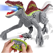 Dinossauro de brinquedo com controle remoto, luzes de LED, spray, anda e ruge. Presente realista para crianças a partir de 3 anos. Cinza.