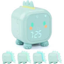 Despertador digital infantil com dinossauro fofo, luz de despertar, luz noturna, lembrete musical, hora e temperatura interna.