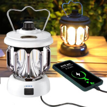 Lanterna de acampamento LED retrô recarregável, branca, dimerizável, portátil e à prova d'água.