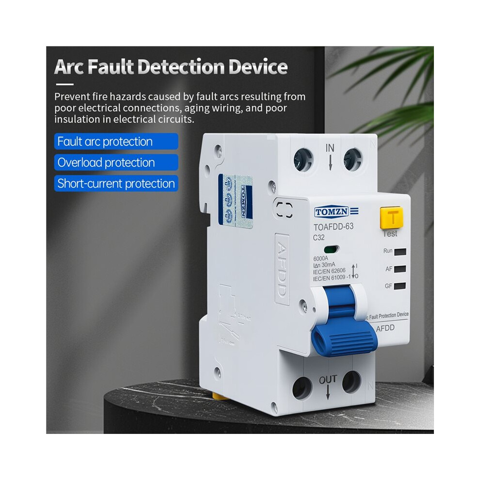 Tomzn 2P 32A Afdd Arc Fault Detection Device Rcbo Circuit Breaker Residual Current Leakage Short-Circuit Overload Protection 4714017347473